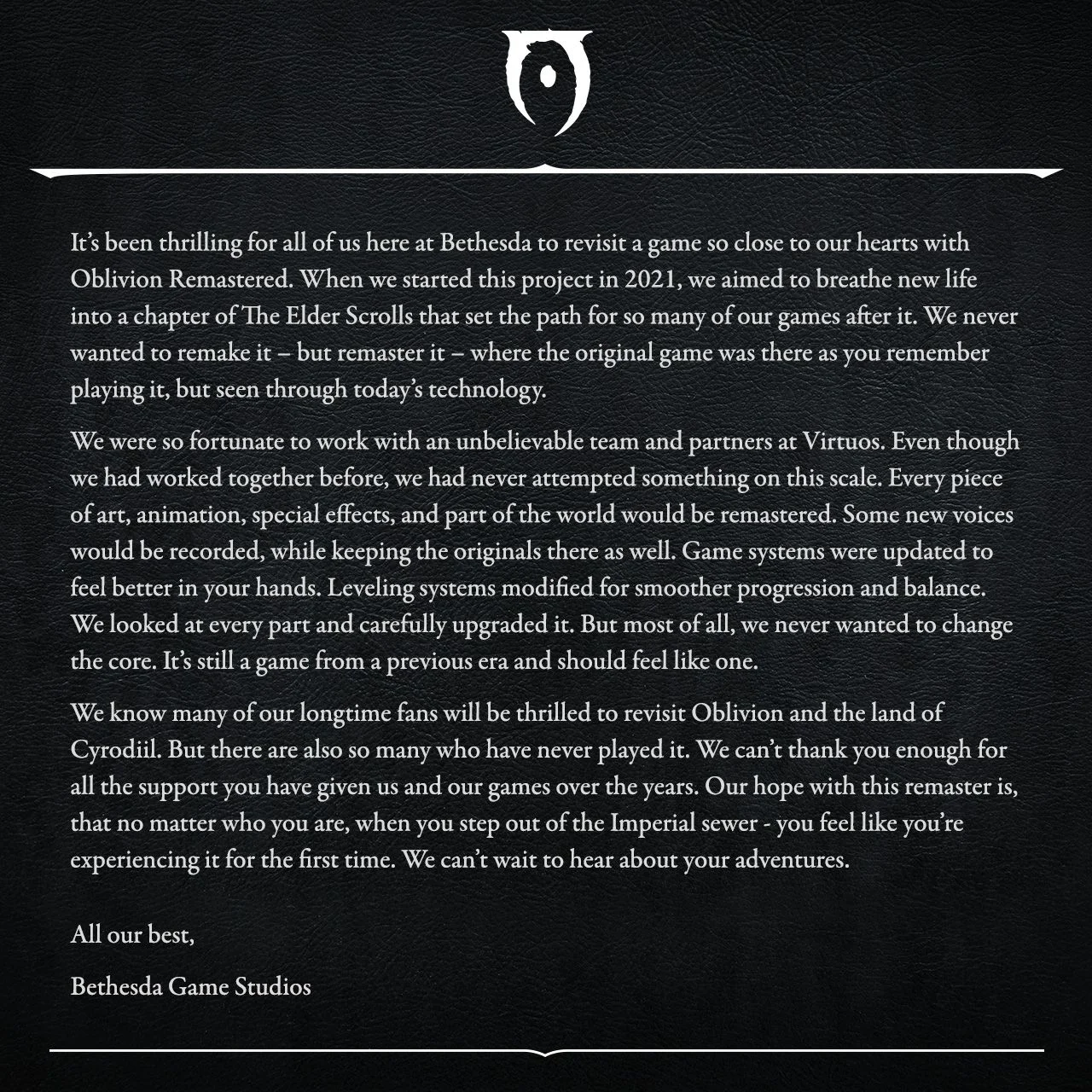 Bethesda назвала ремейк The Elder Scrolls 4: Oblivion ремастером из почтения - изображение 1 Bethesda назвала ремейк The Elder Scrolls 4: Oblivion ремастером из почтения - фото 1
