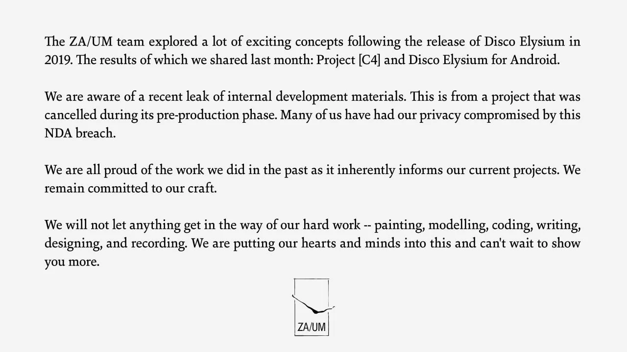  Студия ZA/UM прокомментировала утечку внутренней презентации спин-оффа Disco Elysium под названием Locust City - An Elysium Story.
