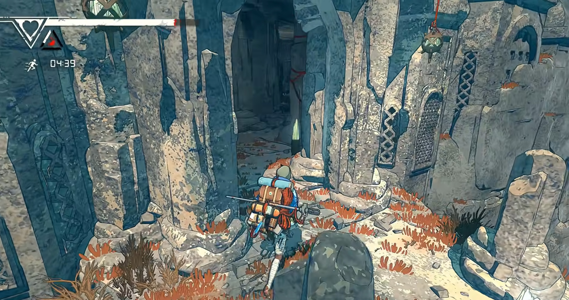 Чем ближе к желанной вершине, тем всё чаше игроку будут встречаться останки древней и загадочной цивилизации, важной для понимания сеттинга игры.

Источник: видеоигра Cairn