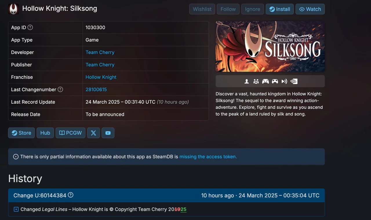 Steam обновил данные о Hollow Knight: Silksong.