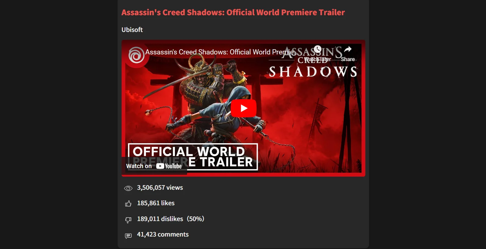Трейлеры Assassins Creed Shadows получили огромное количество дизлайков - фото 1