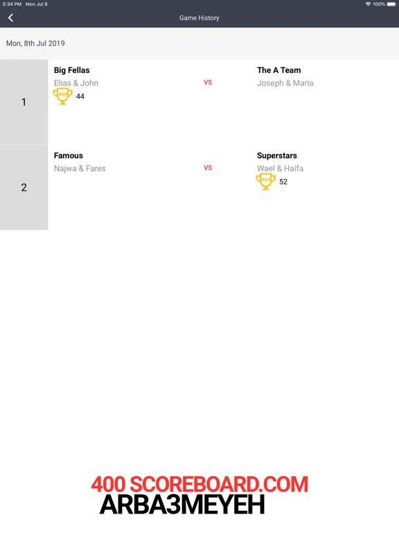 Arba3meyeh 400 Scoreboard