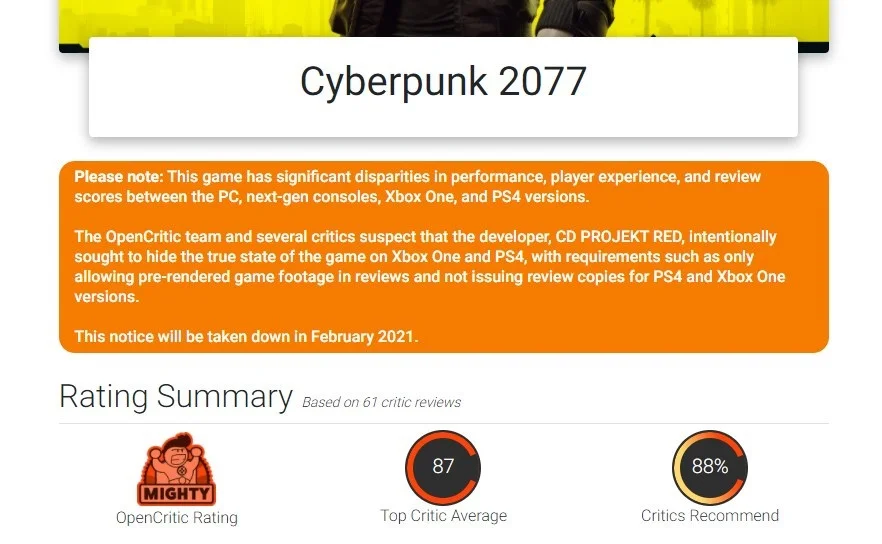 В описании Cyberpunk 2077 на OpenCritic теперь упоминают проблемы на PS4 и Xbox One - фото 1
