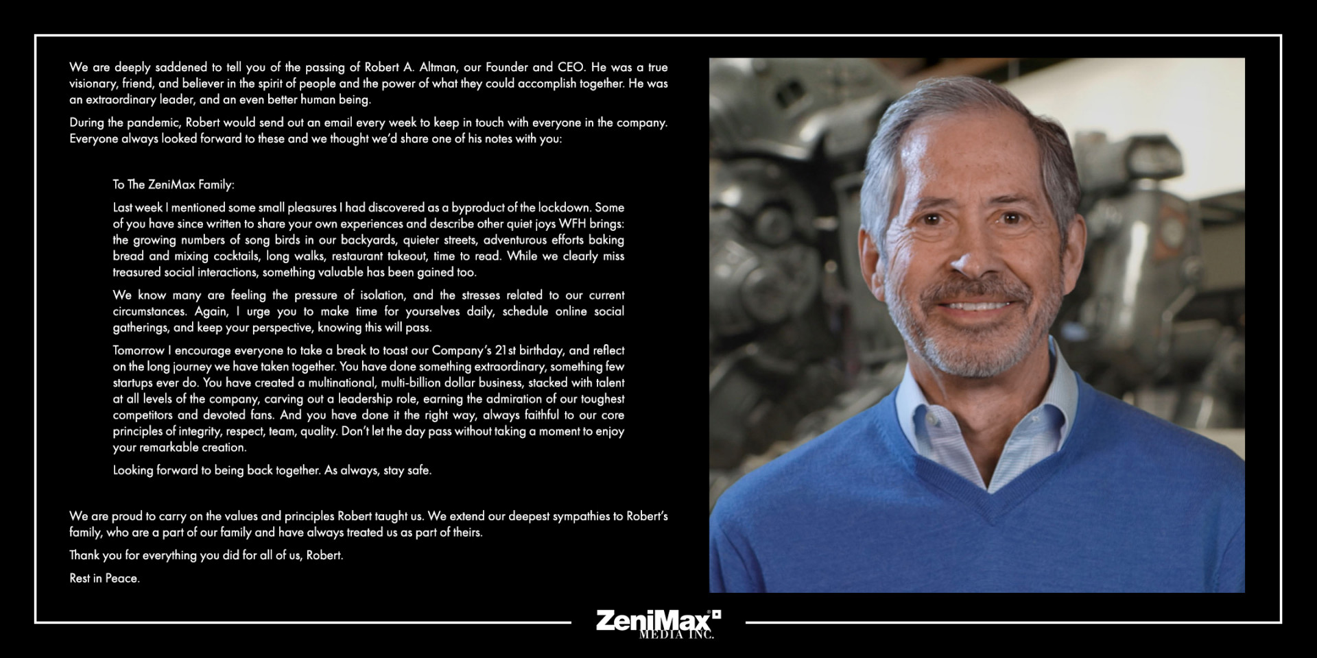 Ушёл из жизни основатель и гендиректор ZeniMax Media Роберт Альтман - изображение 1 Ушёл из жизни основатель и гендиректор ZeniMax Media Роберт Альтман - фото 1