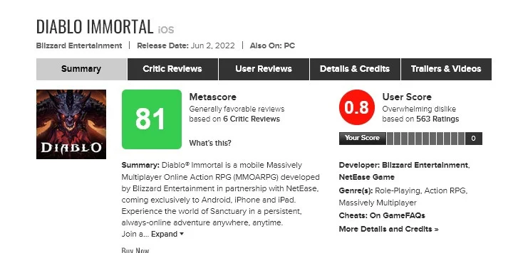Игроки «уничтожили» рейтинг Diablo Immortal на Metacritic — всё из-за монетизации - фото 1