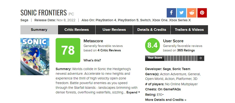 ⚡Пользовательский рейтинг Sonic Frontiers на Metacritic и в Steam