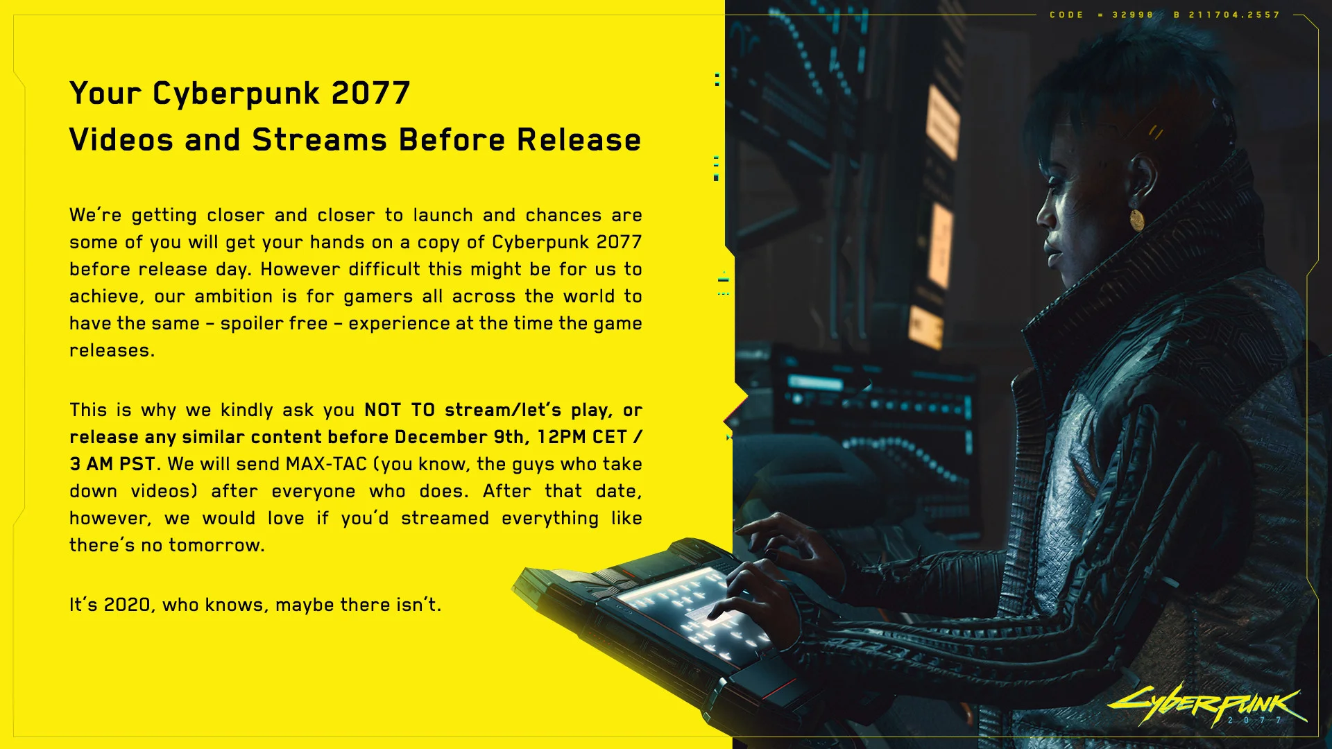 Создатели Cyberpunk 2077 не позволят стримить игру до 9 декабря - фото 1
