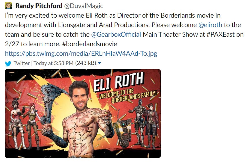 Официально: экранизацией Borderlands займётся Элай Рот - изображение 1 Официально: экранизацией Borderlands займётся Элай Рот - фото 1