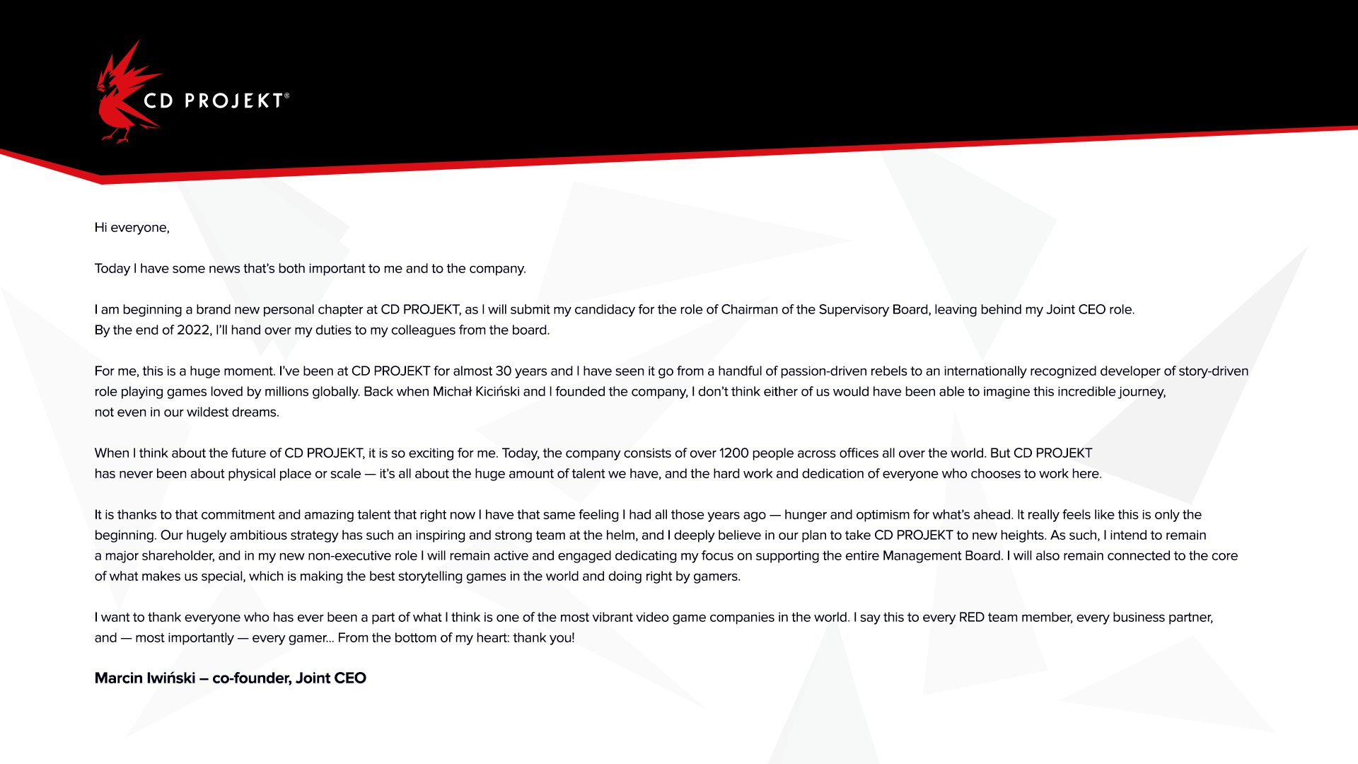 Марчин Ивинский сложит с себя полномочия одного из руководителей CD Projekt - изображение 1 Марчин Ивинский сложит с себя полномочия одного из руководителей CD Projekt - фото 1