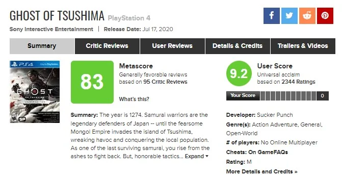 Не слушайте критиков: у Ghost of Tsushima уже 92 балла от пользователей Metacritic - фото 1