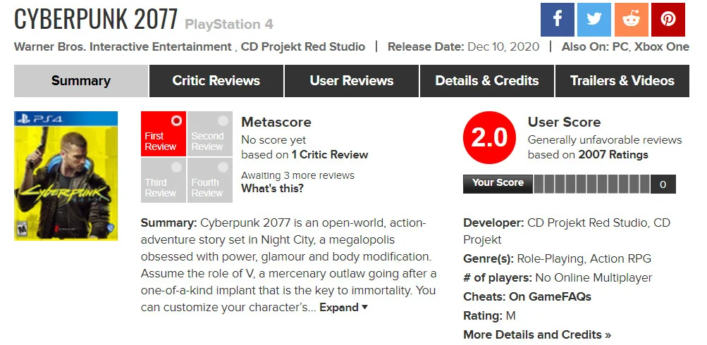 Игроки занижают рейтинг Cyberpunk 2077 на Metacritic - фото 1