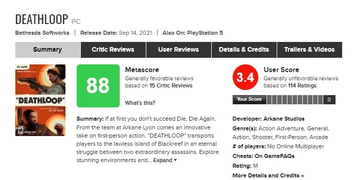 На Metacritic «разбомбили» рейтинг Deathloop из-за проблем игры - фото 1