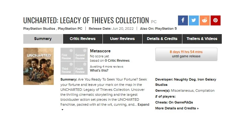 Найдено новое подтверждение даты выхода Uncharted: Legacy of Thieves Collection на PC - фото 1